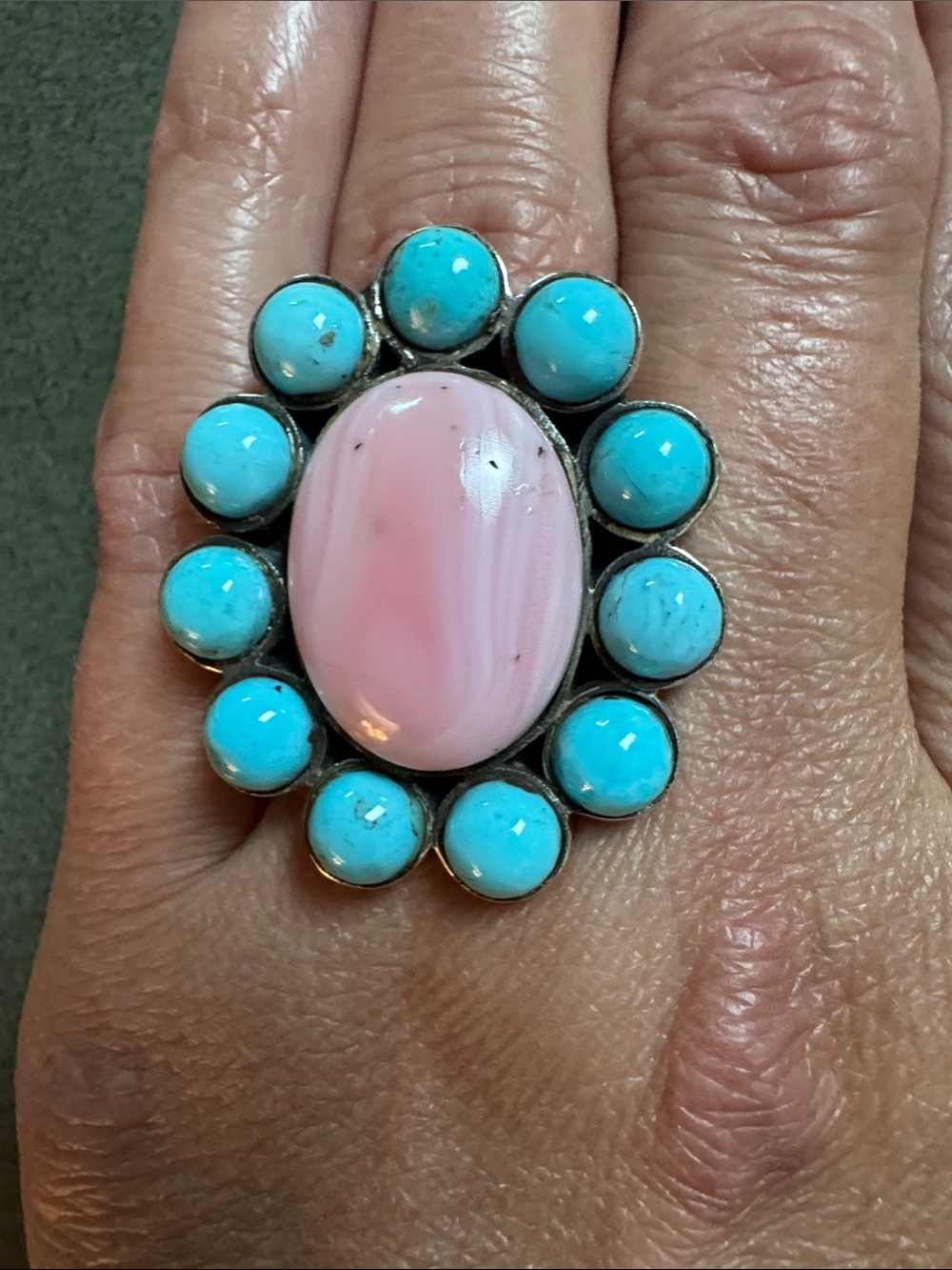 Pink Queen Conch Center Turquoise Halo Adjustable Ring – Statement Piece